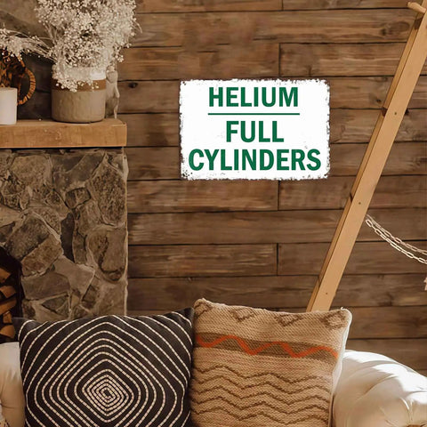 Industrial Vintage Metal Wall Art Sign Featuring Full Helium Cylinders For Rustic Loft Decor Built Tough In Heavy Duty Aluminum Construction Rust Resistant Finish Durable In Humidity And Temperature Fluctuations, 8x12 in on wood wall