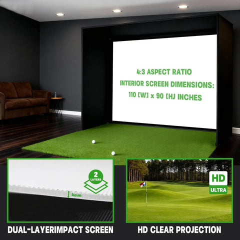 Golf Simulator Enclosure With Double-Layer Silent HD Impact Screen And Side Barriers, 10 by 8 ft, in home setup with green mat