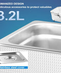No Sweat Industrial Grade Heated Ultrasonic Cleaner System With Digital Touch Timer And Gentle Warm Vibration For Jewelry Carburetors And Auto Repair Gear 32 Liter Tank showing 3.2L stainless steel cover and interior.