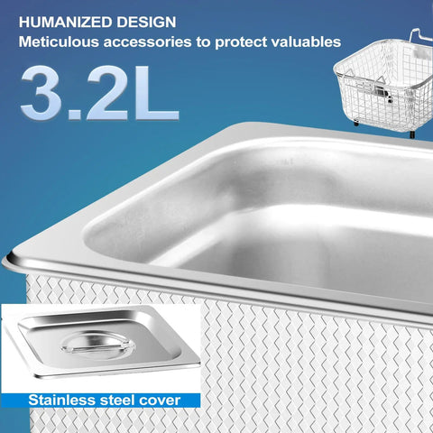No Sweat Industrial Grade Heated Ultrasonic Cleaner System With Digital Touch Timer And Gentle Warm Vibration For Jewelry Carburetors And Auto Repair Gear 32 Liter Tank showing 3.2L stainless steel cover and interior.