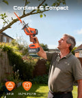 Man using Beast Of A Cordless Reciprocating Saw With 8 Blades, Dual 4000mAh Batteries for tree pruning in a garden