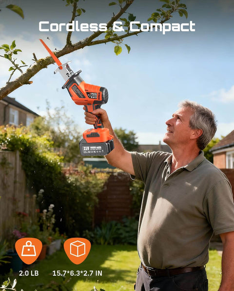 Man using Beast Of A Cordless Reciprocating Saw With 8 Blades, Dual 4000mAh Batteries for tree pruning in a garden
