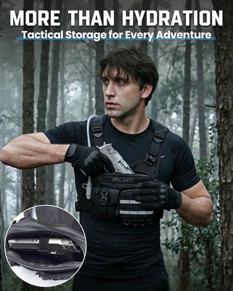 Man wearing tactical 12L Hydration Running Vest for Men With On the Go Storage for Running and Cycling in a forest setting