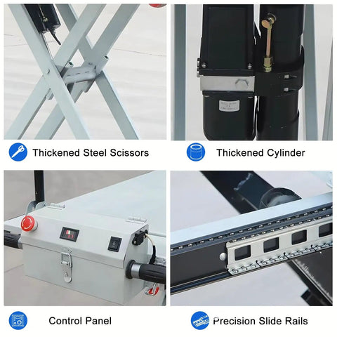 Heavy Duty Electric Scissor Lift Table With Hydraulic Cart For Flatbed Truck Moving close-up of thickened steel scissors and hydraulic cylinder.