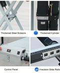 Heavy Duty Electric Scissor Lift Table Cart With Hydraulic Platform For Warehouse Sorting And Mobile Equipment Maintenance Workstation, close-up of thickened steel scissors and control panel.