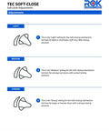 TEC Soft Close adjustments guide showing Light, Medium, and Strong settings for cabinet hinges.