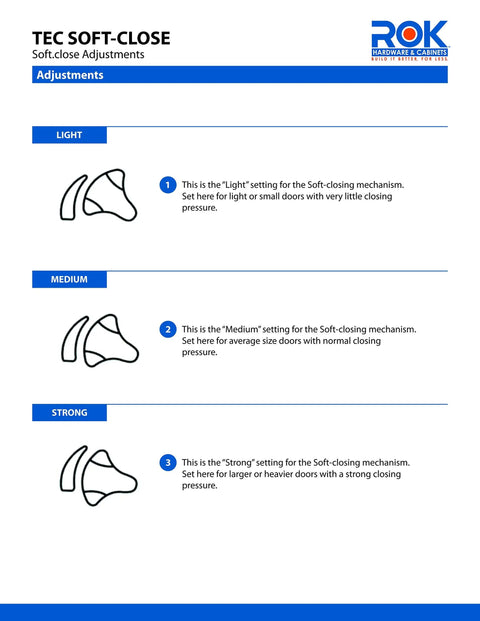 TEC Soft Close adjustments guide showing Light, Medium, and Strong settings for cabinet hinges.