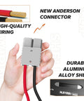 Hand holding a new Anderson connector and high-quality wiring with red and black cables for Beefy 80-Amp LiFePO4 Battery Charger.