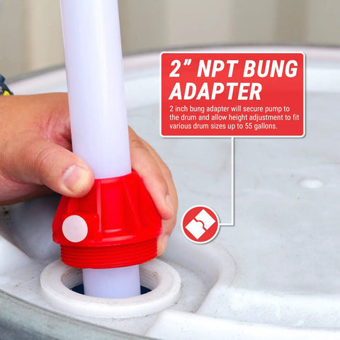 Kickass Chemical Resistant Drum Pump For 15 To 55 Gallon Barrels With Long Lift Suction Tube showing 2 inch NPT bung adapter fitting.