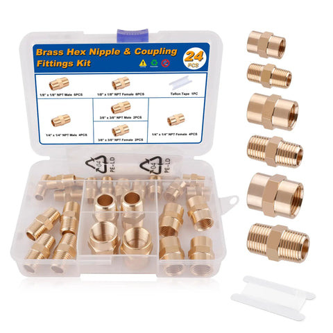 Brass Pipe Fittings Kit 24 Pcs Hex Nipple And Hex Coupling Set with Case and Teflon Tape visible