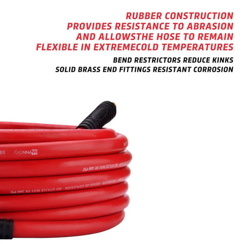 Built Tough 50 Feet Heavy Duty Rubber Air Hose For Compressors 3/8 Inch Thick handles up to 300 psi with solid brass ends