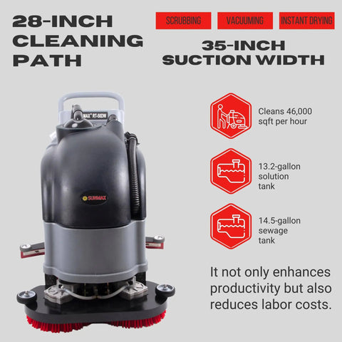 28-Inch Commercial Floor Scrubber With Dual Brushes And Pad System, 14.5-Gallon Tank, Self-Propelled Traction Drive