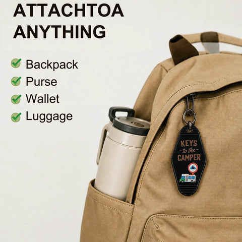 Four Piece Vintage Keychain Set For Camper RVs Retro Black key fob attached to khaki backpack with text "Attach to Anything"