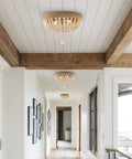 14 Inch Taupe And Polished Nickel Two Light Wood Bead Iron Flush Mount Ceiling Light For Farmhouse Boho Style in hallway