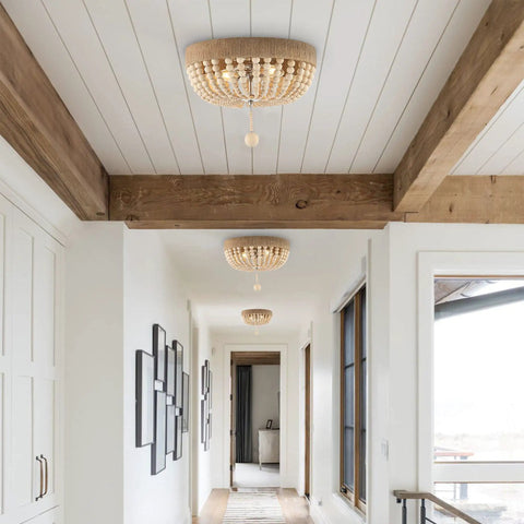 14 Inch Taupe And Polished Nickel Two Light Wood Bead Iron Flush Mount Ceiling Light For Farmhouse Boho Style in hallway