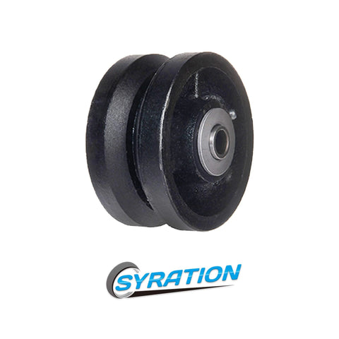 SYRATION cast iron V-groove caster wheel, 4 in diameter x 2 in wide, straight roller bearing, 3200 lb capacity.