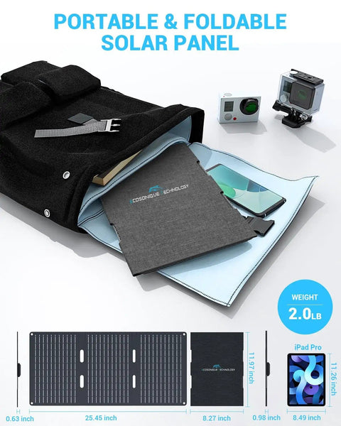 30W Portable Solar Panel Charger With All In One Foldable Tri Fold Design USB C And USB A ETFE IP67 Waterproof in backpack