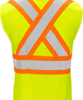 Class 2 Flame Retardant X Back Safety Vest With Zippered Front And Radio Clips Hi Vis Reflective Mesh Shell shown from back with bright lime color.