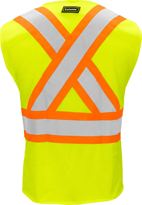 Class 2 Flame Retardant X Back Safety Vest With Zippered Front And Radio Clips Hi Vis Reflective Mesh Shell shown from back with bright lime color.