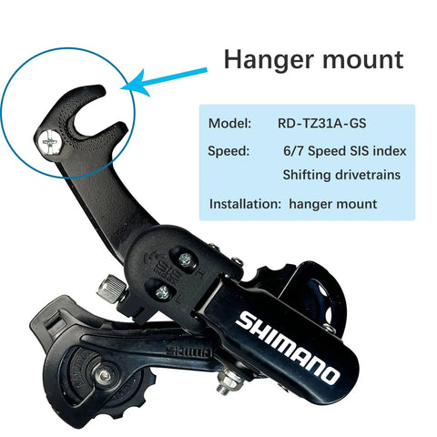 Bike Rear Derailleur Tourney RD-TZ31 6 7 Speed hanger mount, black aluminum alloy, side view showing model details and compatibility.