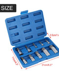 Open case with Ten Piece 12 Point Triple Splined Bit Socket Set With One Quarter Inch, Three Eighths Inch, And One Half Inch Drives, dimensions labeled