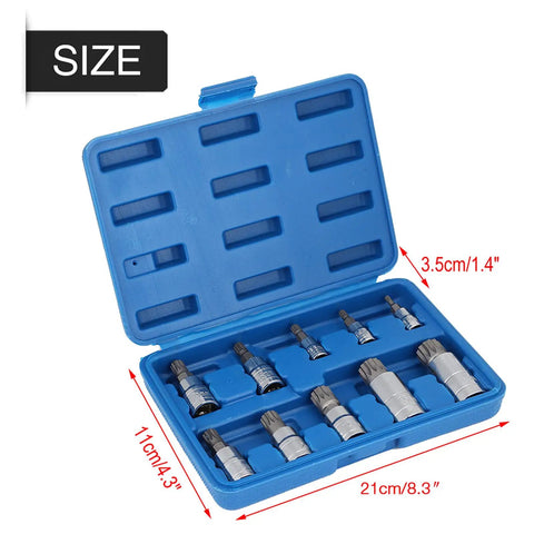 Open case with Ten Piece 12 Point Triple Splined Bit Socket Set With One Quarter Inch, Three Eighths Inch, And One Half Inch Drives, dimensions labeled