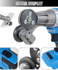 Close-up of Cordless Nibbler for 18V and 21V Batteries, showing metal cutting mechanism and blue handle details, battery not included.