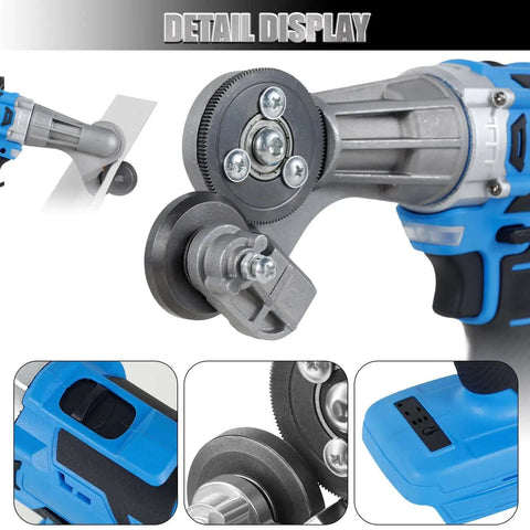 Close-up of Cordless Nibbler for 18V and 21V Batteries, showing metal cutting mechanism and blue handle details, battery not included.