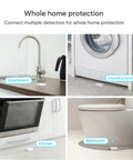 Smart Water Leak Detector 4 Pack With Zigbee Hub Kits Leak Alarm Works With Alexa And Google Home Ultra Sensitive Water Drip Alerts For Kitchen Bath And Basement 2 4GHz WiFi Gateway Included placed near kitchen, laundry, washbasin, and bathroom installations.