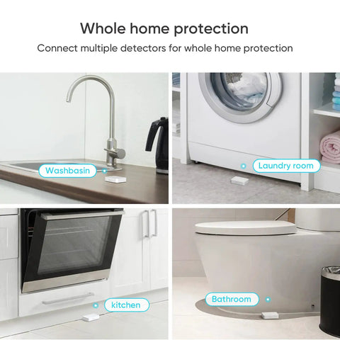 Smart Water Leak Detector 4 Pack With Zigbee Hub Kits Leak Alarm Works With Alexa And Google Home Ultra Sensitive Water Drip Alerts For Kitchen Bath And Basement 2 4GHz WiFi Gateway Included placed near kitchen, laundry, washbasin, and bathroom installations.