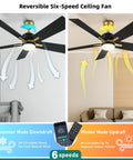 52 Inch Modern Black Gold Ceiling Fan With Led Light Remote And Smart App Control showing summer and winter airflow modes.