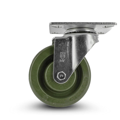 High Temperature Plate Mount Caster With Four Inch Epoxy Resin Wheel And Zinc Plated Steel Yoke Five Sixteenth Inch Precision Bearing Heavy Duty