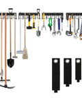 Heavy Duty Metal Garage Tool Organizer Wall Mount Kit Four Pack with tools, garden shed hooks, and extension cord straps.