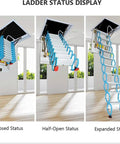 Heavy Duty Electric Attic Ladder With Remote Control Pull Down Loft Staircase showing closed, half-open, and expanded states.