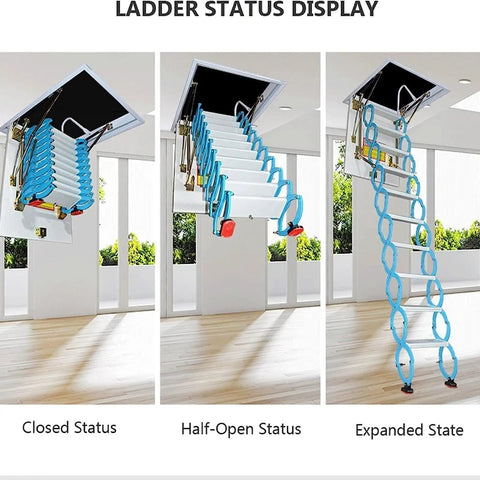 Heavy Duty Electric Attic Ladder With Remote Control Pull Down Loft Staircase showing closed, half-open, and expanded states.