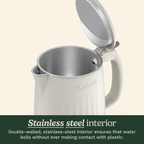 Open view of Soho 1-Liter Double Wall Electric Kettle with Stainless Steel Interior, showing the interior and open lid.