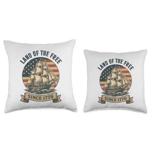 Two Patriotic Sailboat Throw Pillow For 4th Of July, Red White And Blue USA Pride Decor with ship and 'Land of the Free' motif.