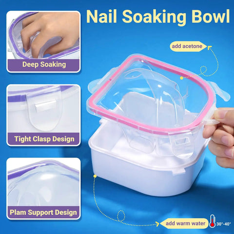 All In One Pro Nail Polish Remover Kit With 2 Soak Off Bowls for gel and dip removal, showing clasp design and palm support