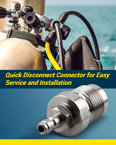 DIN Valve Scuba Adapter For Paintball And Scuba Fill Stations, 8mm Quick Disconnect Fitting shown with scuba gear