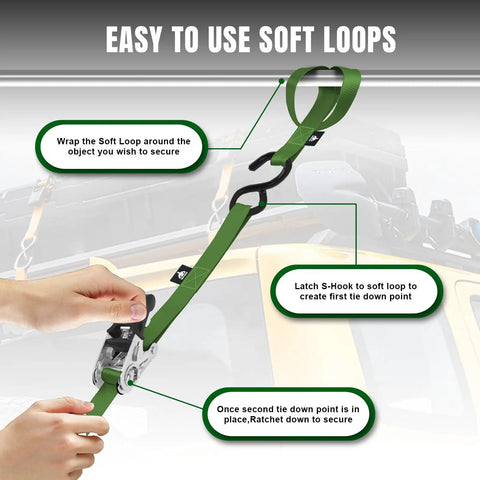 Easy to use soft loops for Heavy Duty Ratchet Tie Down Straps Workhorse Cinch Lockdown 1500 Lbs Break Strength 1 Inch By 15 Feet