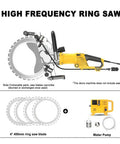 Pro Grade 5000W Brushless Electric Wall Cutting Machine With 400Mm Diamond Blade Chops Through Brick And Concrete At 2200Rpm For Rapid 29Cm Slotting And Slick Cuts with attached water pump and saw blades.