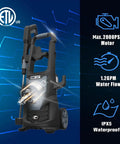Electric Pressure Washer 1600 PSI 1.2 GPM With Detergent Tank, 12 Amp Motor, shown with features highlighted