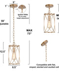 Gold Cage Pendant Light For Kitchen Island And Hallways, Modern Hanging Fixture, Vintage Metal Style, Dimensions Shown, Easy Install