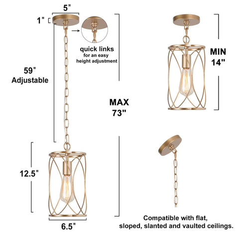 Gold Cage Pendant Light For Kitchen Island And Hallways, Modern Hanging Fixture, Vintage Metal Style, Dimensions Shown, Easy Install