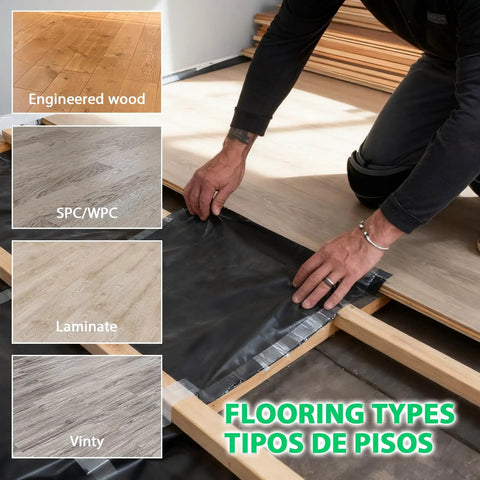 Person installing Heavy Duty Black Underlayment Roll With Adhesive Strip For Vinyl Laminate Engineered Wood Floors 6 Mil thick.