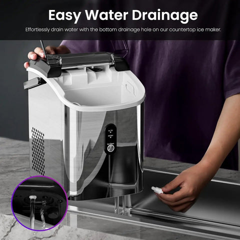 Person using Chewable Nugget Ice Maker Countertop 35 Lbs Per Day Portable Sonic Ice Machine With Self Cleaning And One Click Operation