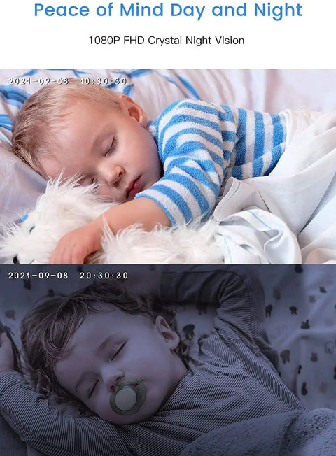 Two Pack Baby Monitor System With Cameras And Audio, 1080P Full HD Night Vision showing sleeping baby day and night views.