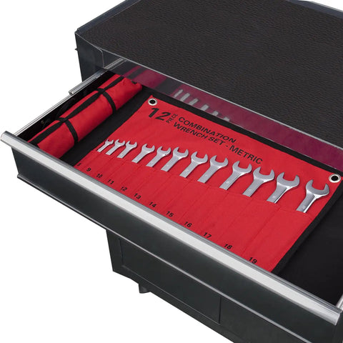 Garage Handy 12 Piece Metric Wrench Set With Roll Up Pouch No Size Skips From 8mm To 19mm in toolbox drawer, mirror finish