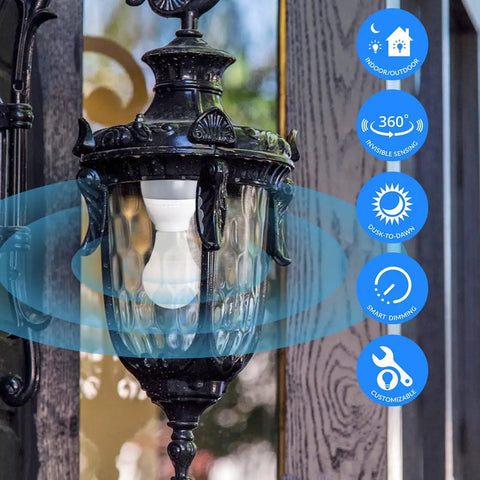Outdoor light fixture with Plug And Play Smart Motion Sensor Light Adapter For E26 And E27 Sockets Turns Any Bulb Into A Dusk To Dawn Motion Activated Lamp No Wiring Needed Invisible Radar From Glass Walls Works With LED CFL And Incandescent Bulbs, and glowing bulb.