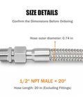 High Grade Top Shelf Air Compressor Jumper Hose 1/2 Inch Npt X 20 Inch Flexible Braided Tube close-up with fittings and size details.